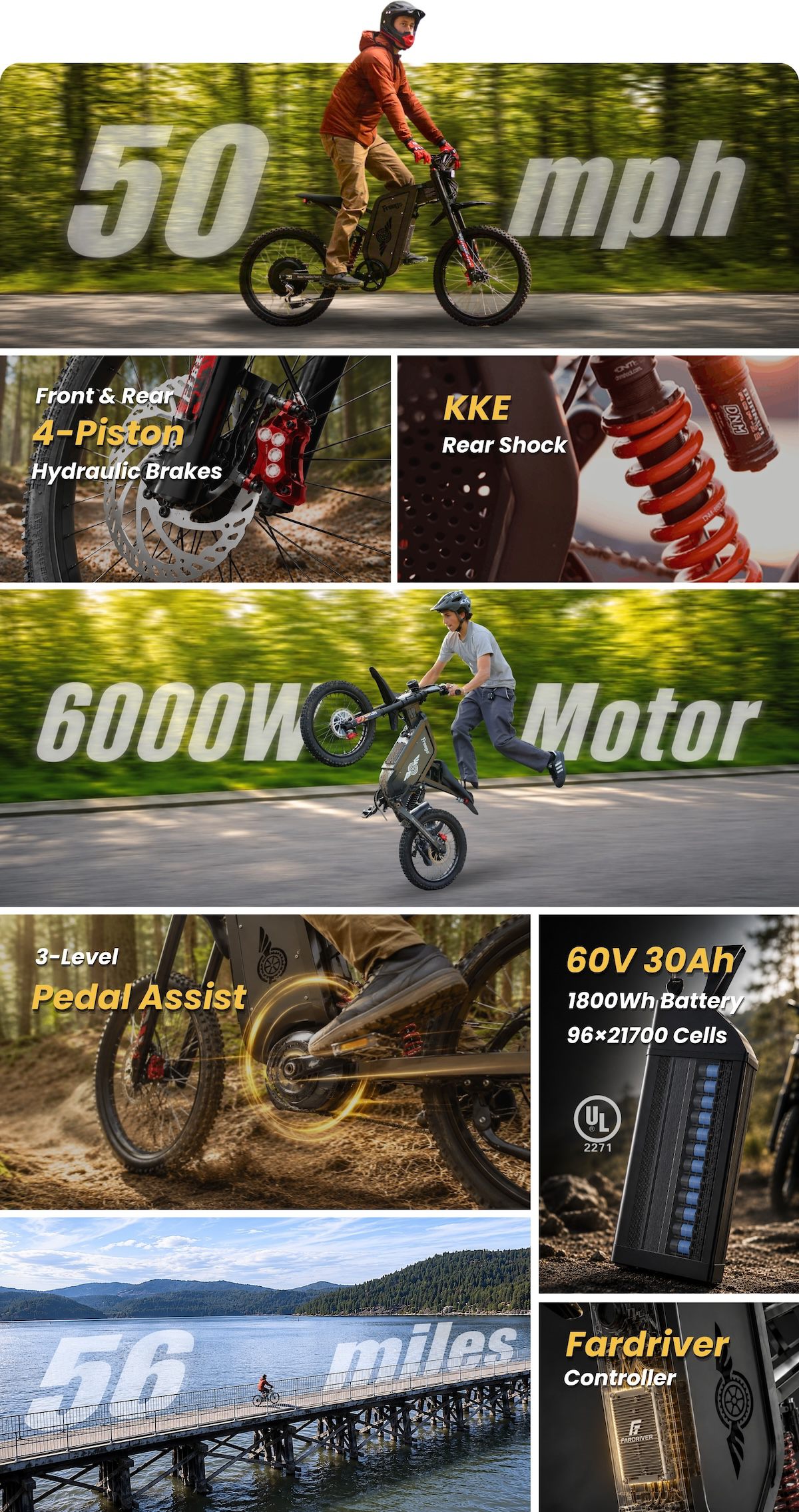 Freego X2 Pro electric bike performance overview featuring 6000W peak motor power, 50 mph top speed.