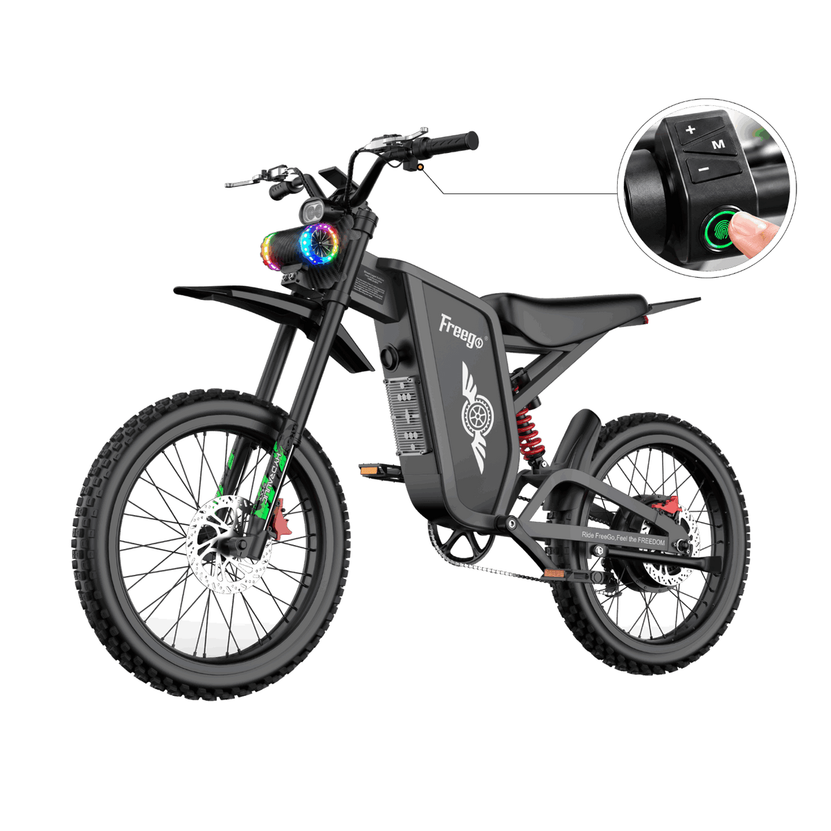 Freego X2 Pro Smart Electric Dirt Bike in dark grey, featuring a Bluetooth speaker with RGB lighting and fingerprint unlock, shown on a white background.