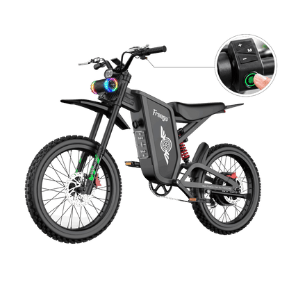 Freego X2 Pro Smart Electric Dirt Bike in dark grey, featuring a Bluetooth speaker with RGB lighting and fingerprint unlock, shown on a white background.