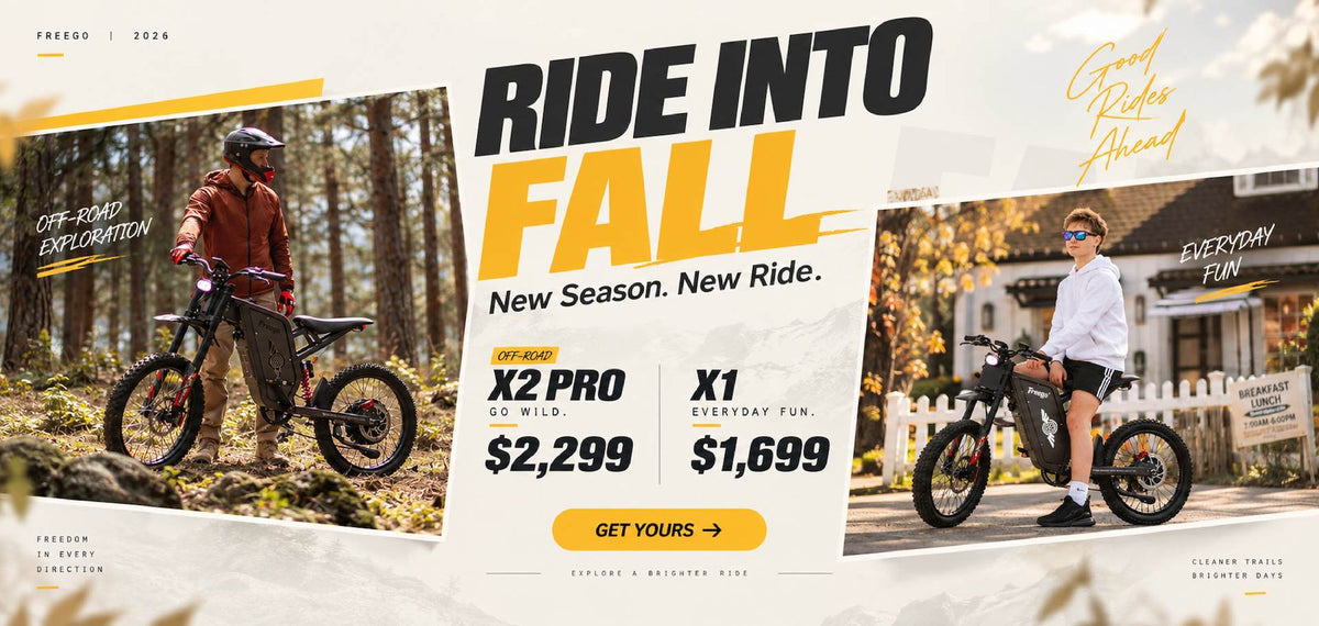 Desktop banner for the Freego Ride Into Fall sale featuring X2 Pro at $2,299 and X1 at $1,699