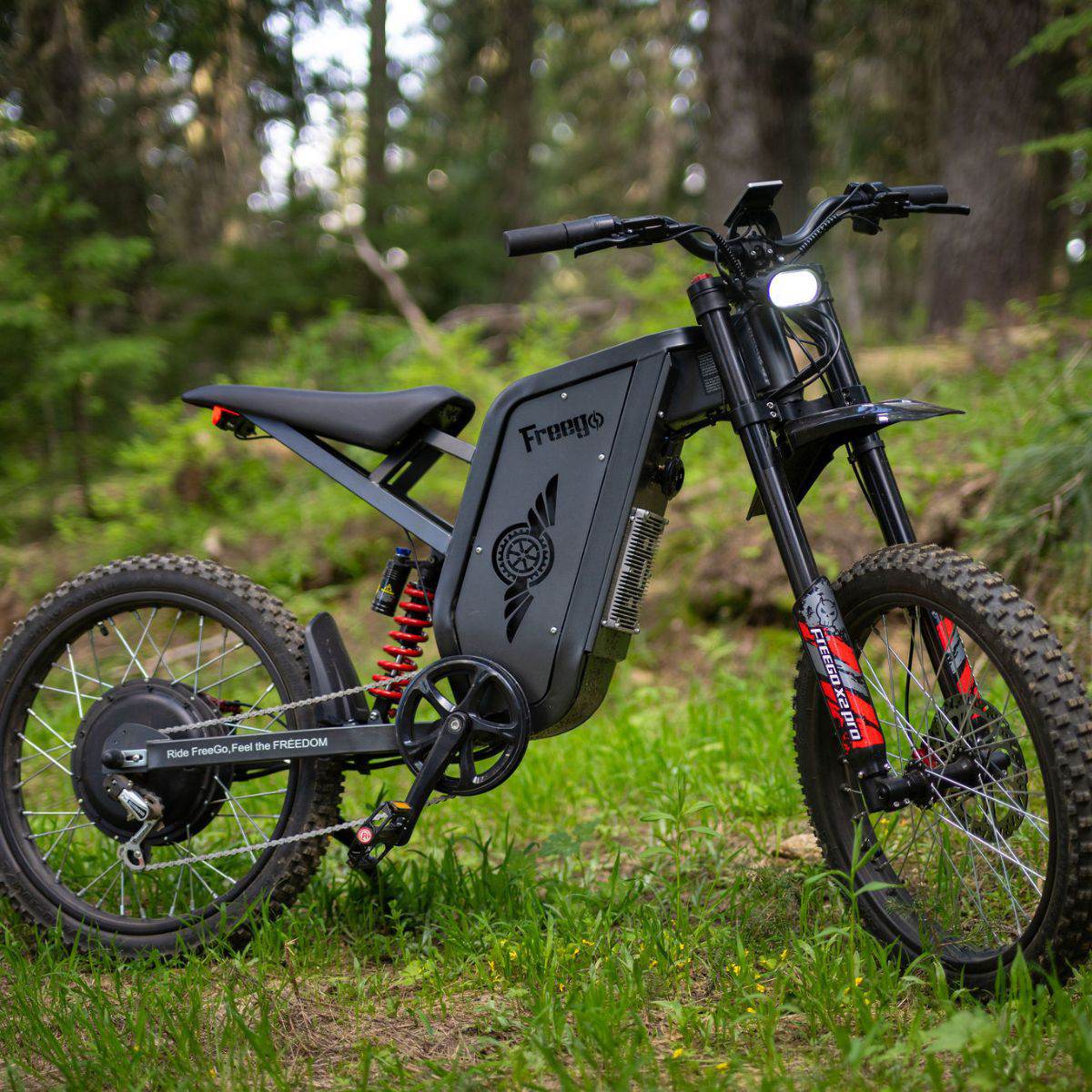 Freego X2 Pro dirt ebike in a forest setting