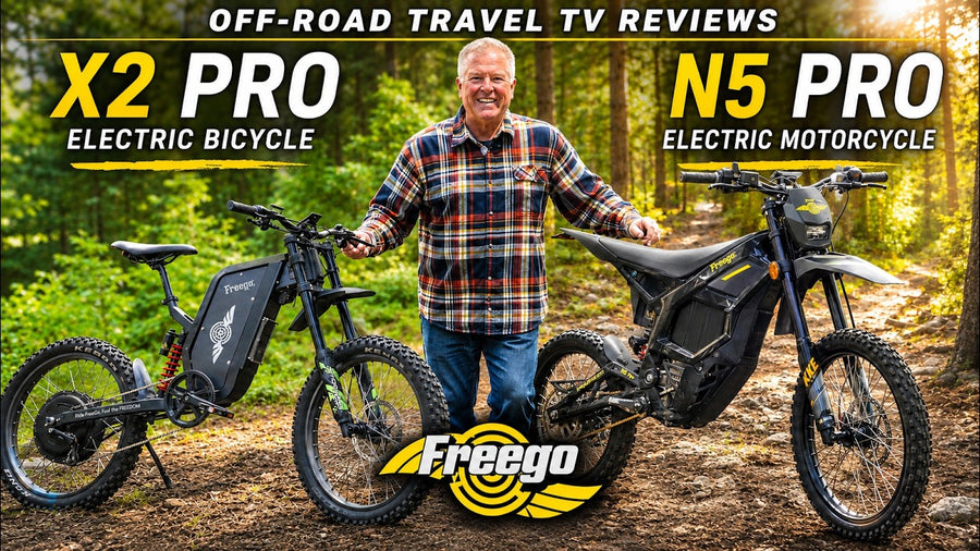 YouTube thumbnail for Off-Road Travel TV featuring Freego X2 Pro and N5 Pro electric bikes, man posing between two e-bikes on forest trail