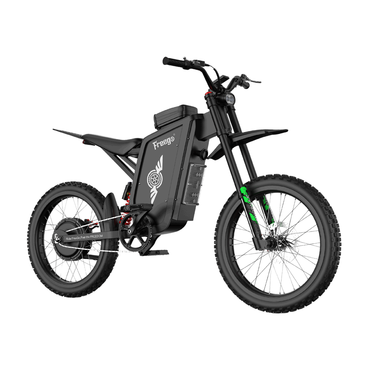 Three-quarter view of black Freego X3 all-terrain electric bike, built for high-performance off-road racing.
