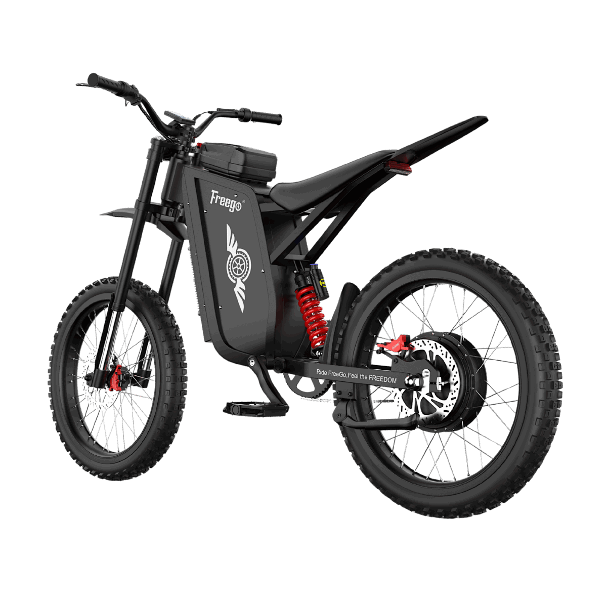 Rear three-quarter view of Freego X3 e-bike showing the high-strength steel frame and all-terrain tires.