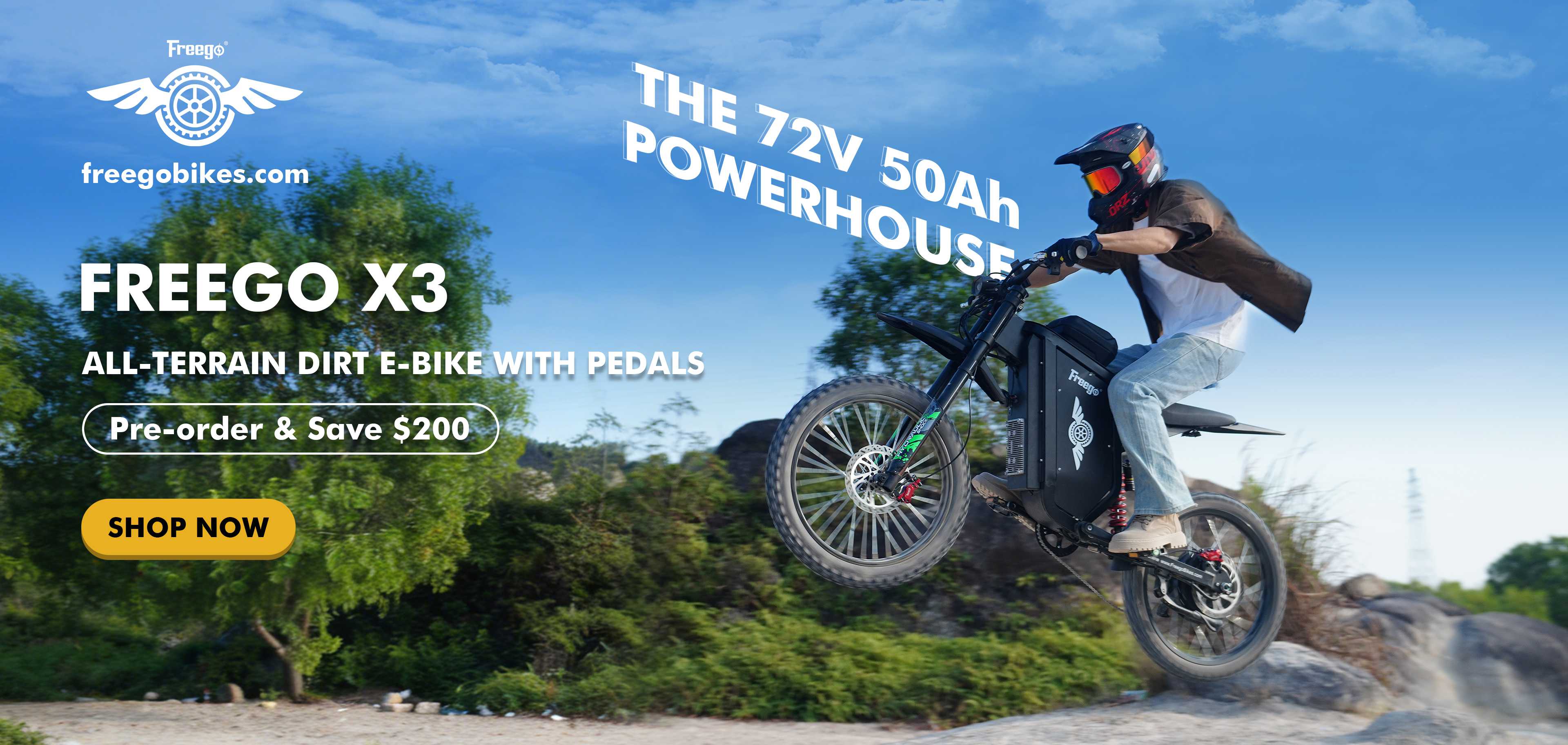 Person riding a Freego X3 electric bike with promotional text on a scenic background