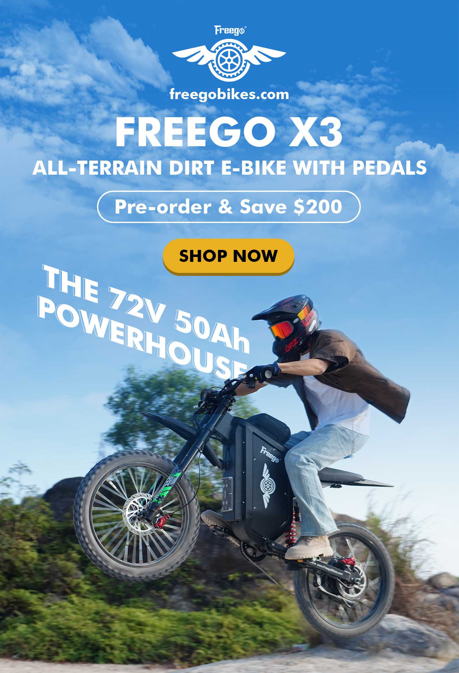 Person riding a Freego X3 all-terrain dirt e-bike with pedals against a blue sky.