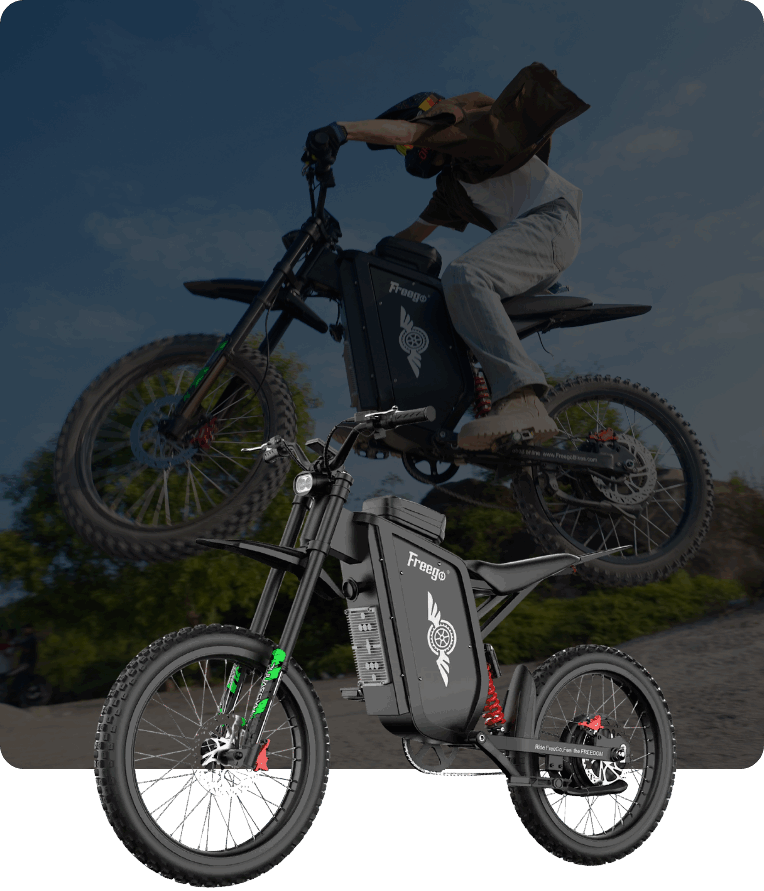 Freego X3 electric bikes on a road with a dark overlay.