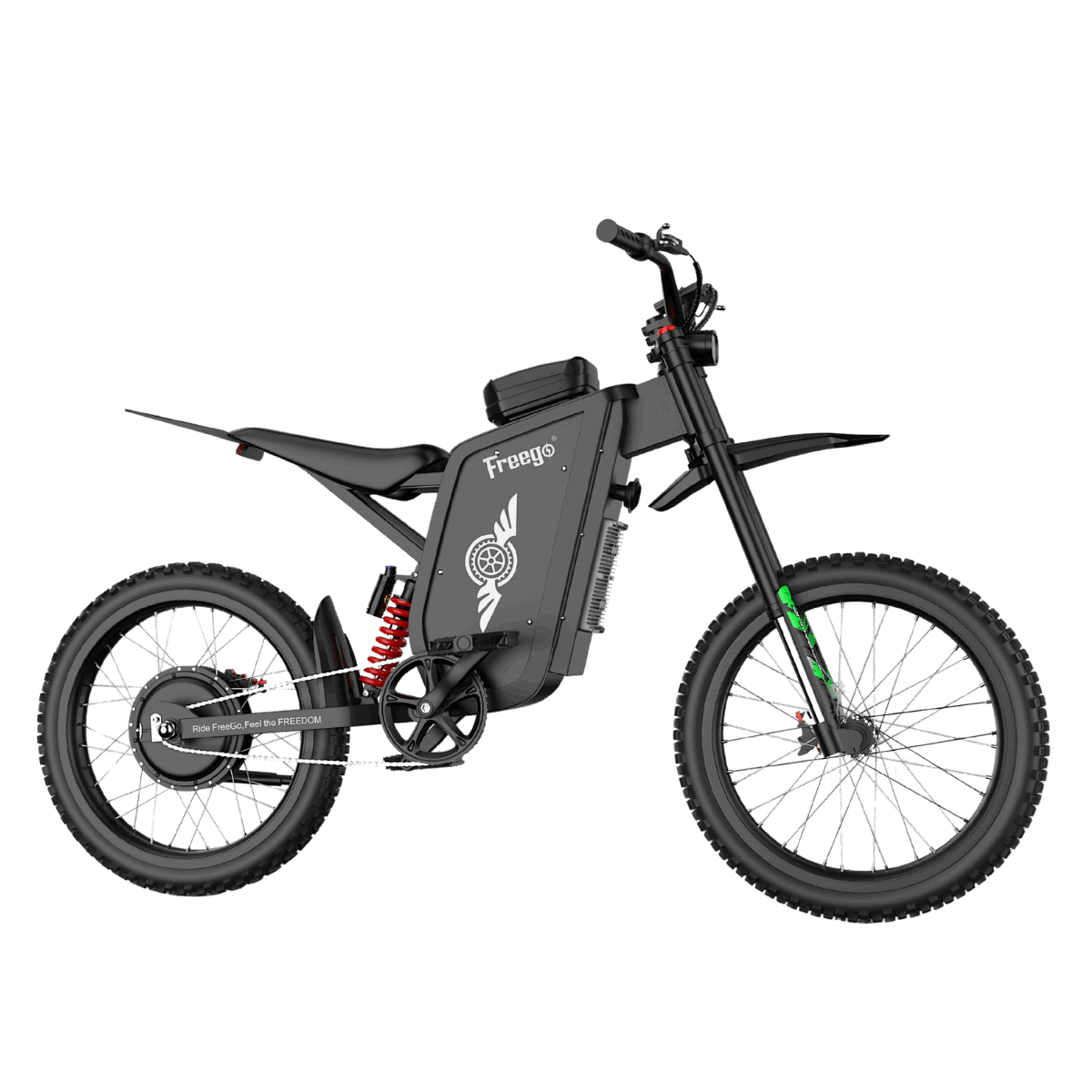 Side profile of Freego X3 electric dirt bike with 19-inch spoke wheels and dual hydraulic suspension.