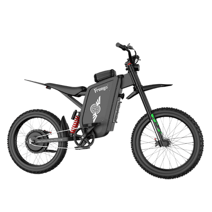 Side profile of Freego X3 electric dirt bike with 19-inch spoke wheels and dual hydraulic suspension.
