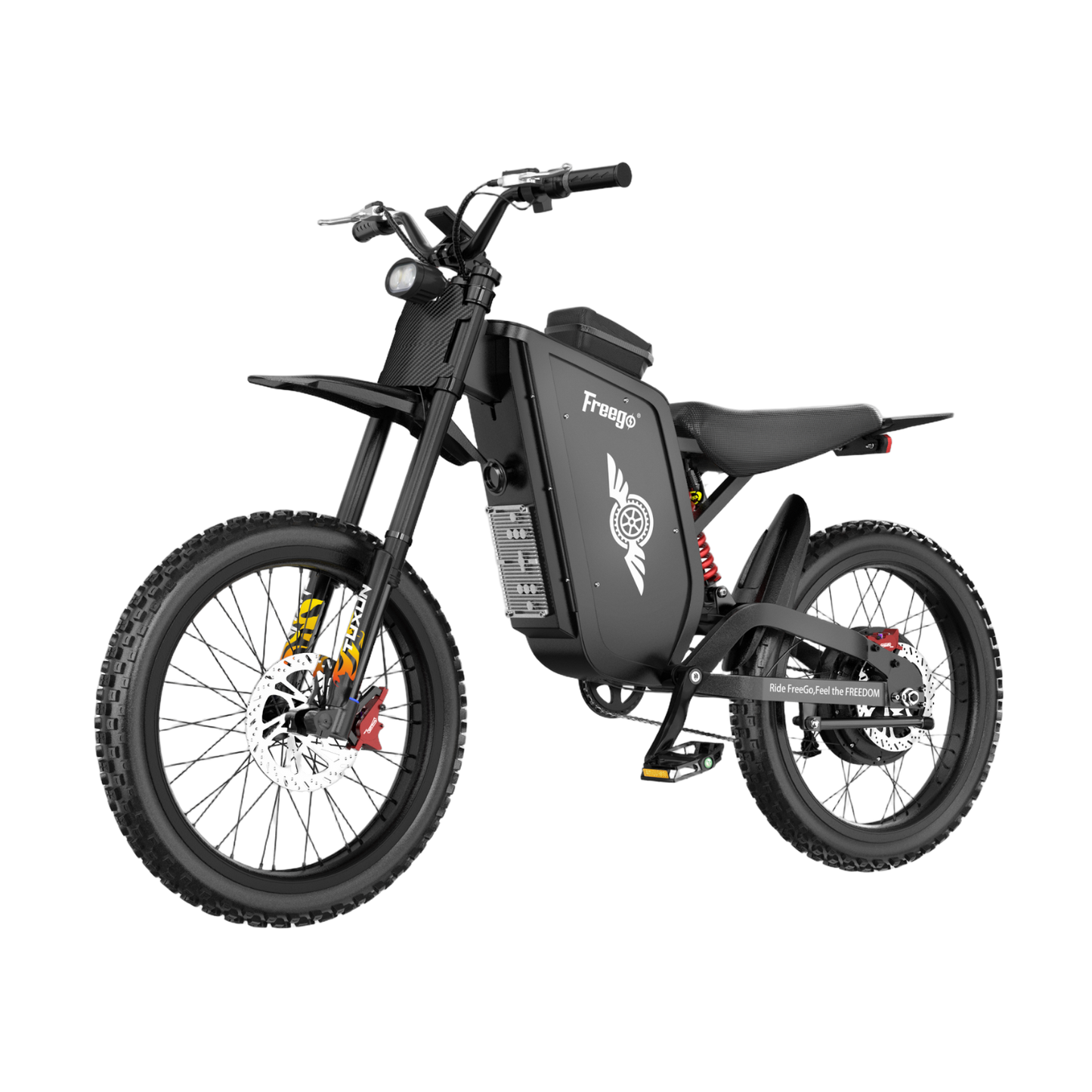 Freego X3 high power electric dirt bike, left front side view, full suspension off-road ebike with thick knobby tires and hydraulic disc brakes