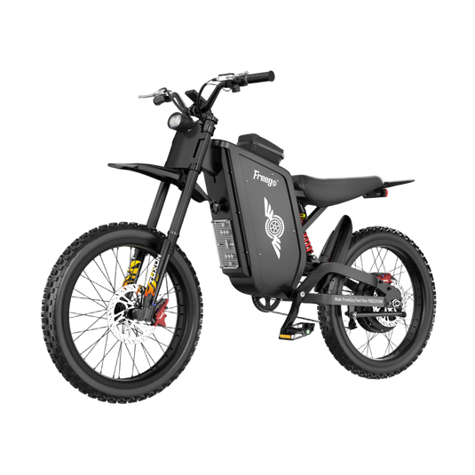 Freego X3 high power electric dirt bike, left front side view, full suspension off-road ebike with thick knobby tires and hydraulic disc brakes