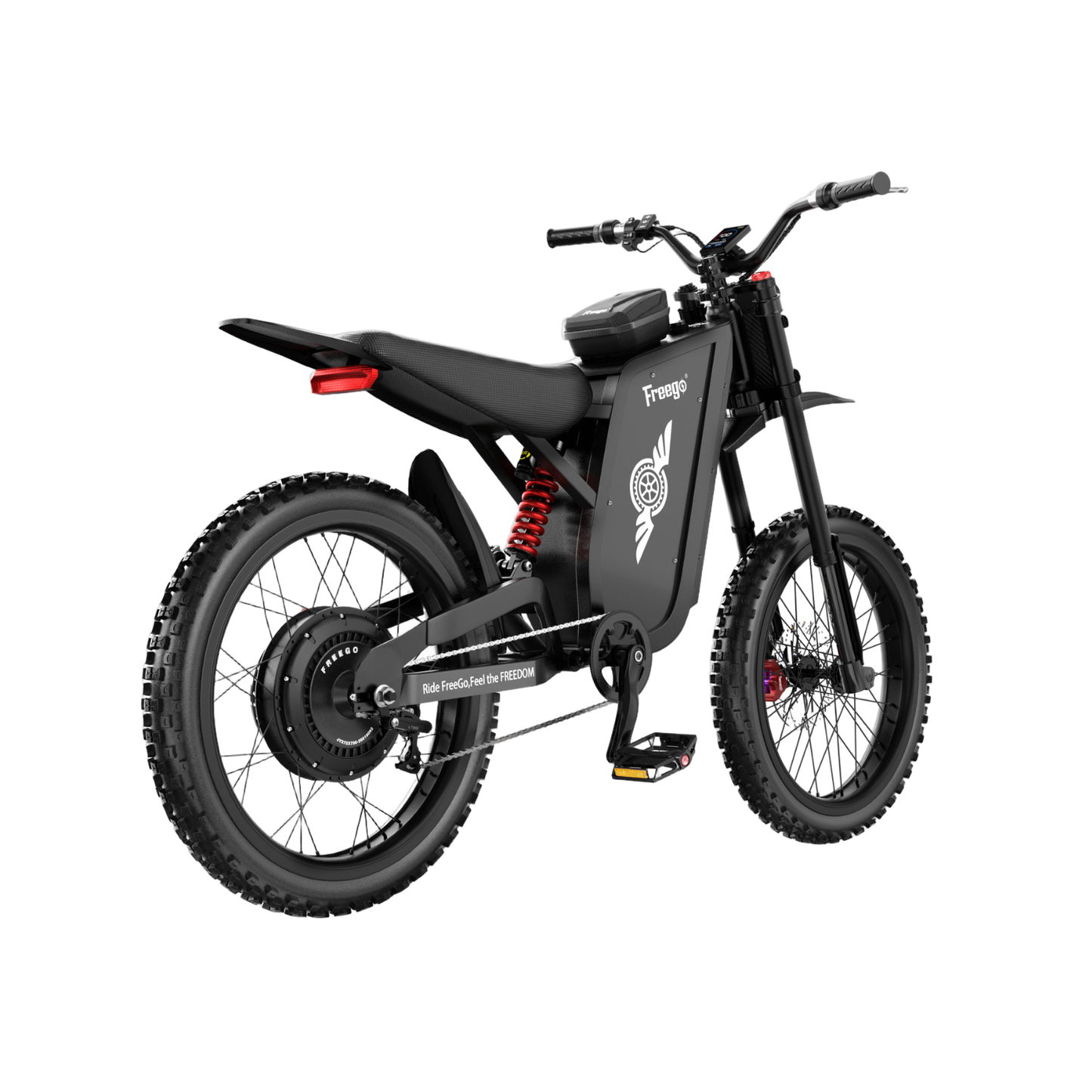 Freego X3 electric dirt bike left rear view