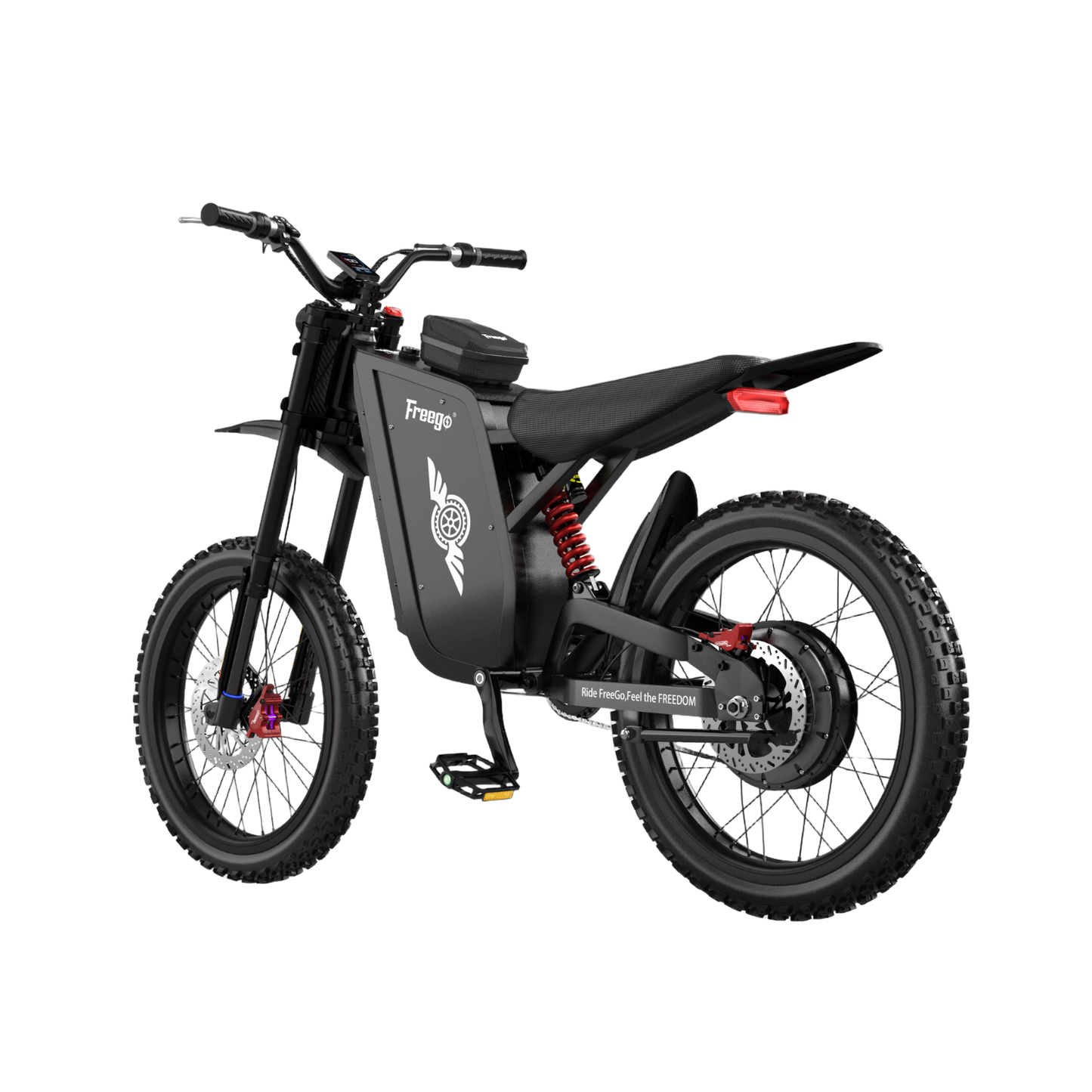 Freego X3 off road electric dirt bike left rear side view