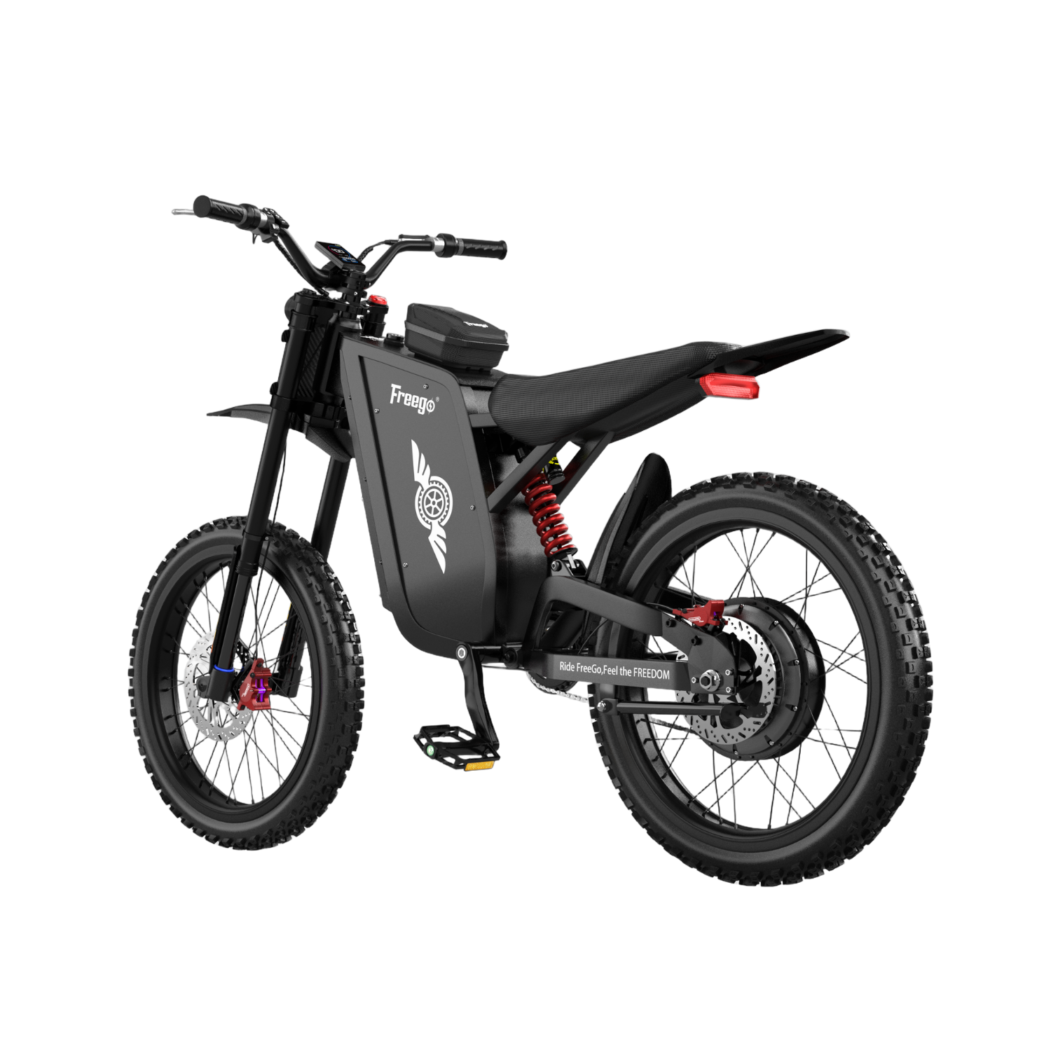 Freego X3 off road electric dirt bike left rear side view