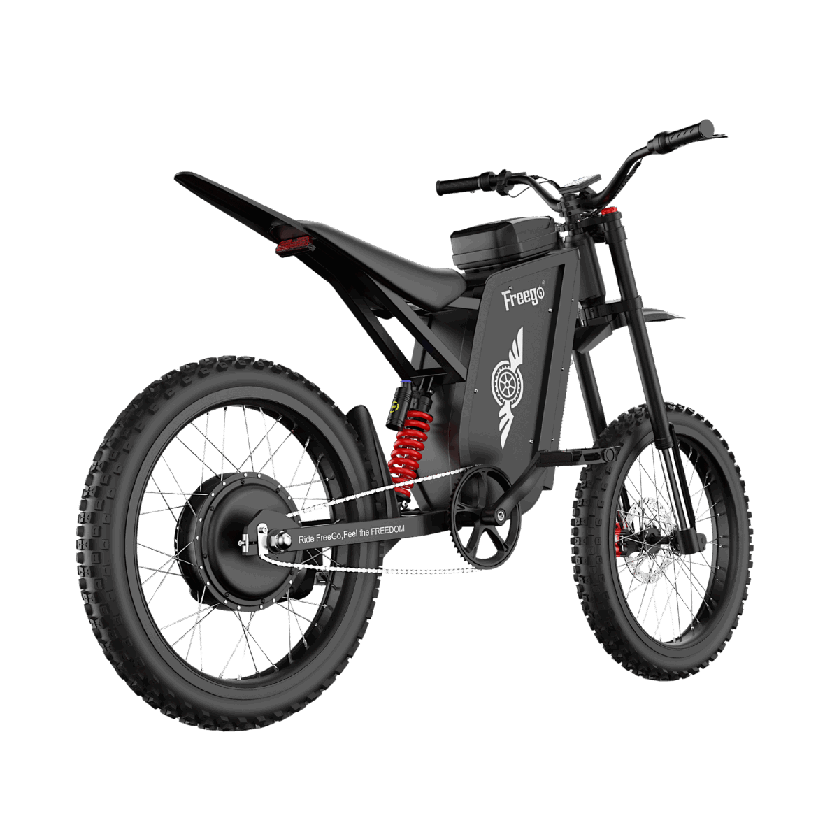 Back view of the Freego X3 electric motorcycle highlighting the rear hydraulic shock absorber and LED tail light.