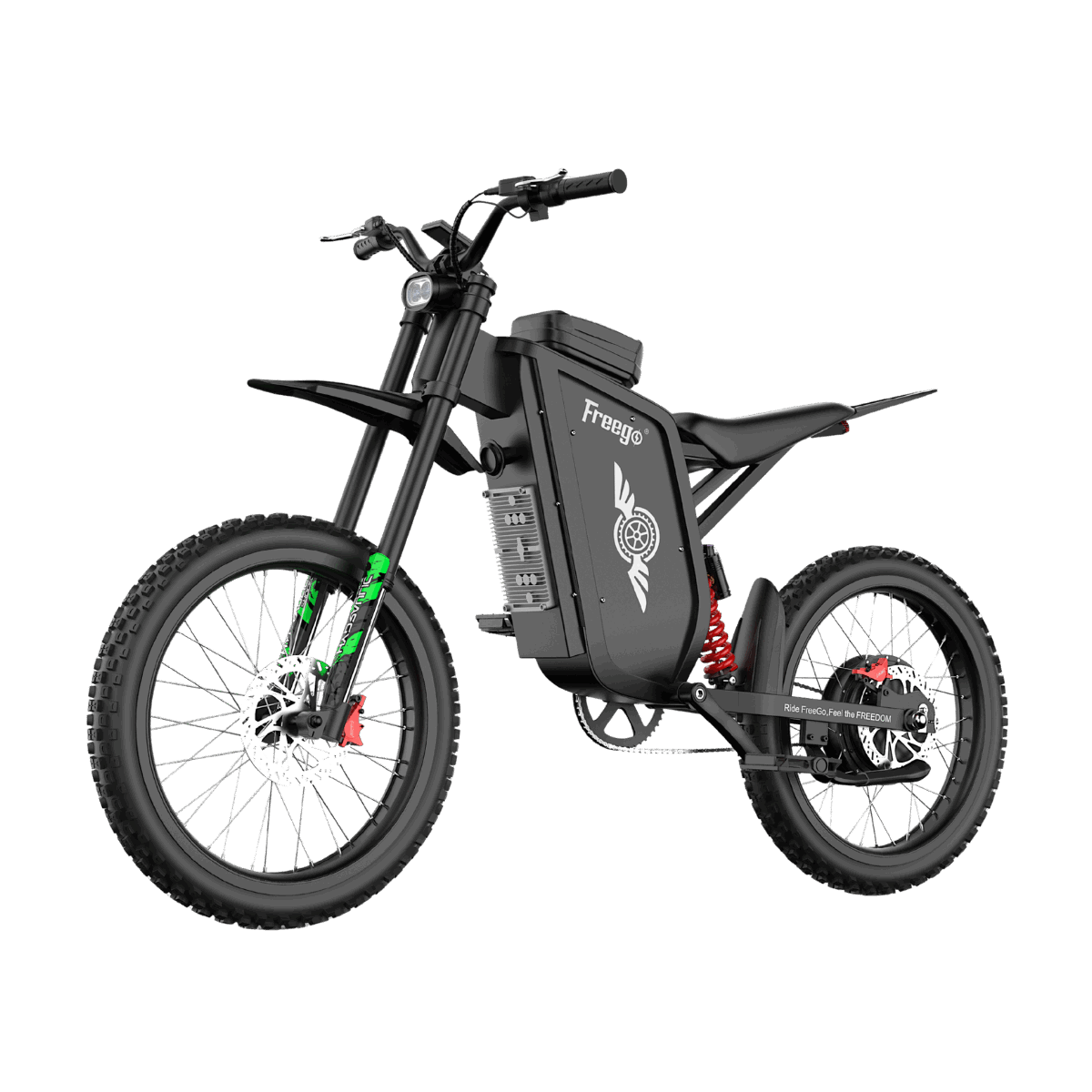 Angled front view of Freego X3 electric dirt bike with inverted front fork and 4-piston hydraulic disc brakes.