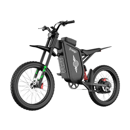 Angled front view of Freego X3 electric dirt bike with inverted front fork and 4-piston hydraulic disc brakes.