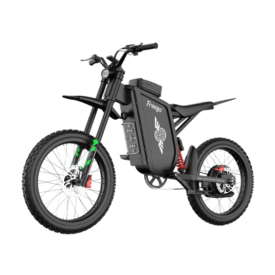 Angled front view of Freego X3 electric dirt bike with inverted front fork and 4-piston hydraulic disc brakes.