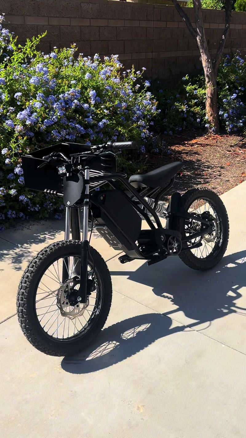 Black electric bike parked on a concrete surface with flowers and a wall in the background