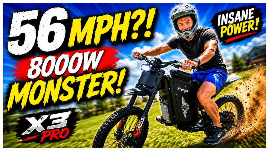 YouTube thumbnail of The Oh Family riding Freego X3 Pro electric dirt bike on grass off-road terrain