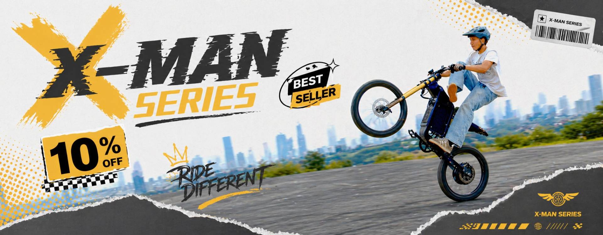 Promotional banner for Freego X-Man Series with a person on a X2 Pro bike.