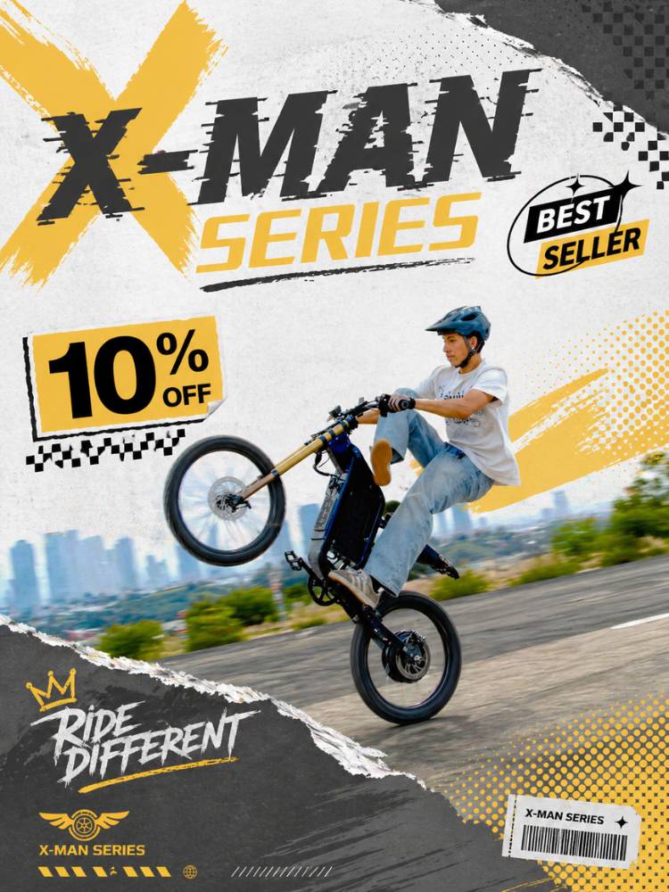 Promotional banner for Freego X-Man Series with a person on a X2 Pro bike.