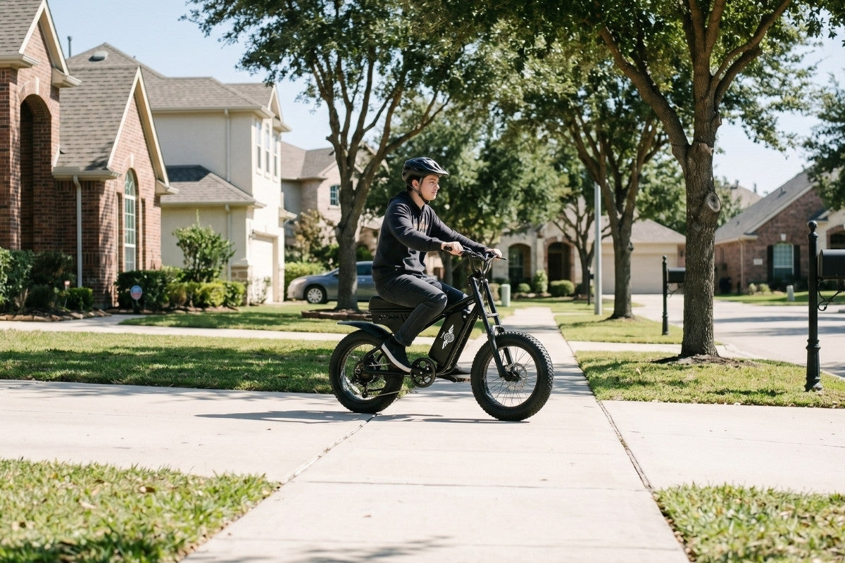 Person riding a freego m1 electric bike on a sidewalk in a suburban neighborhood