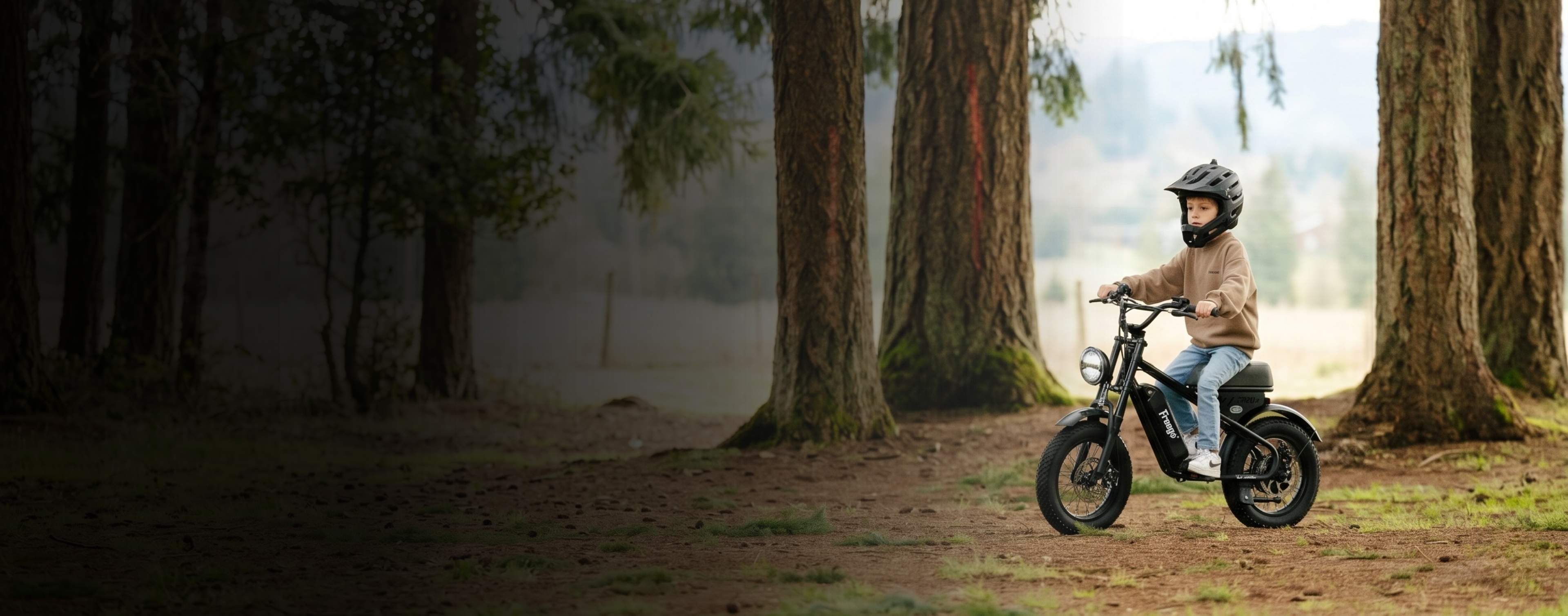 Child riding a small motorcycle freego M1 in a forest setting