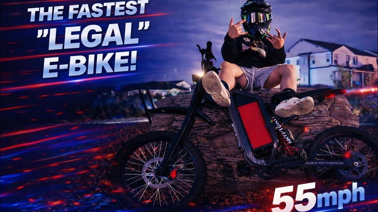 Person on a fast-moving electric bike with text about speed and legality.