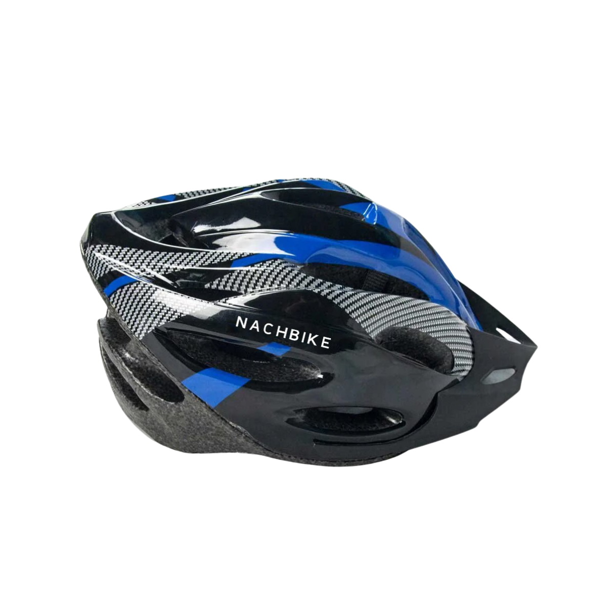 Black and blue helmet with 'NACHBIKE' branding on a white background