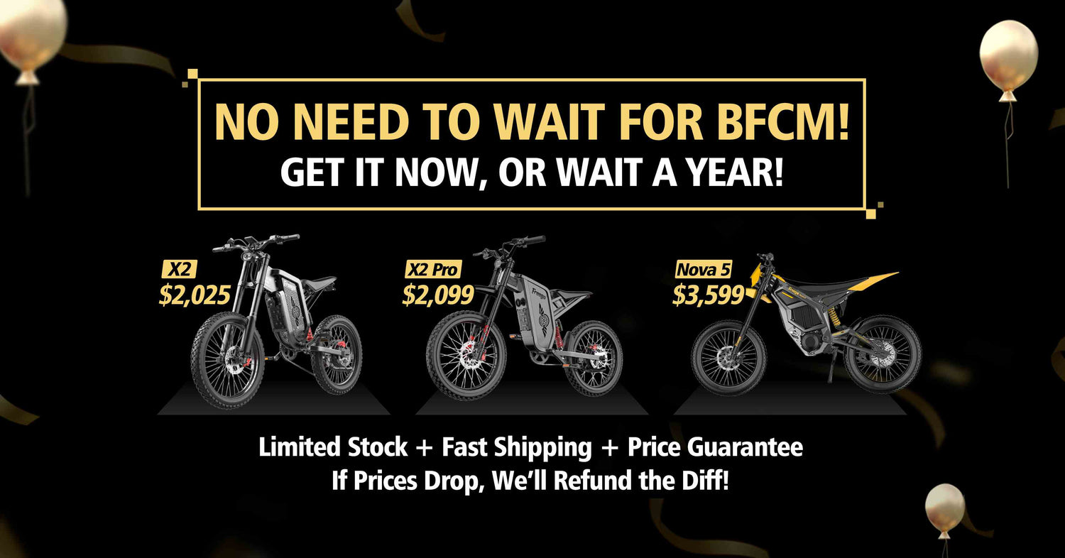 Promotional advertisement for electric bikes with pricing and promotional text on a black background.